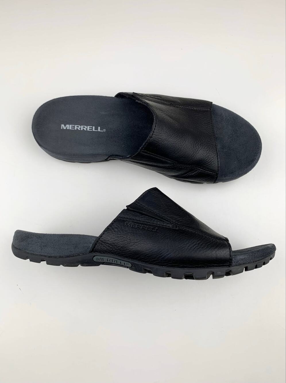 Merrell Sandspur Slides Black Leather Slip On Sandals Comfort Casual Men's 10